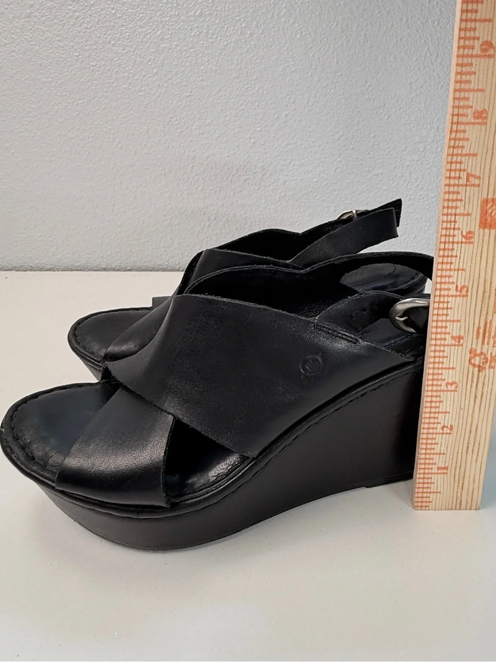 Born Black Leather Platform Wedge Sandals Slingback Comfort Heels size 8.5